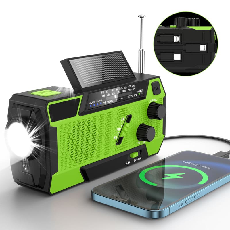 2000mAh Solar Hand Crank Weather Radio – AM/FM/WB, Flashlight, SOS Alarm, Emergency Power