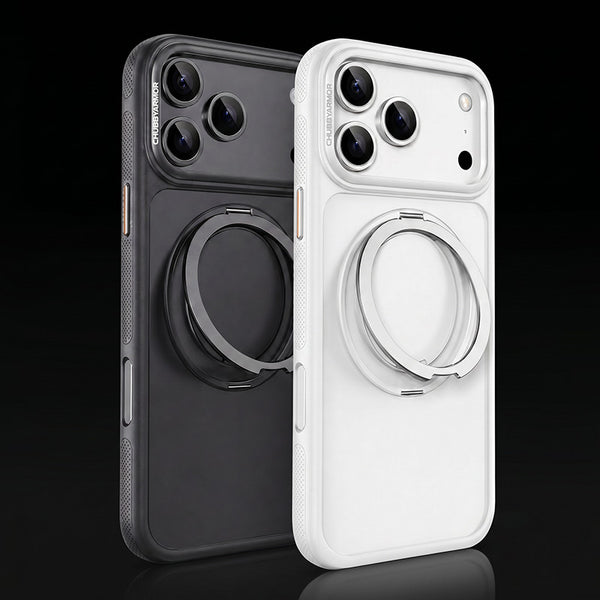 Black and white ChubbyArmor iPhone cases with integrated ring stands