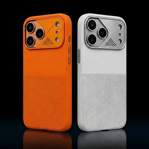 Orange and white protective smartphone cases featuring metallic camera protection modules.