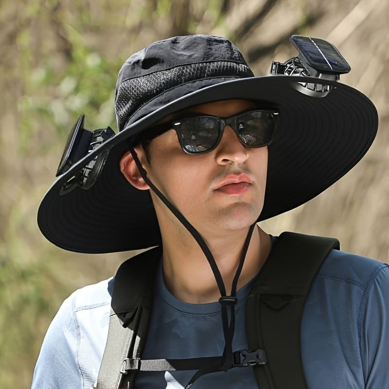 ChubbyCool SolarBreeze - Dual-Fan Fishing Hat with Solar/USB Charging - UPF50+ Sun Protection & Breathable Fabric