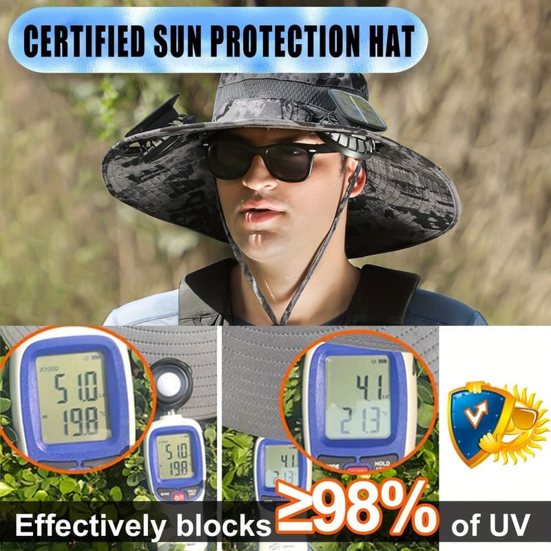 ChubbyCool SolarBreeze - Dual-Fan Fishing Hat with Solar/USB Charging - UPF50+ Sun Protection & Breathable Fabric