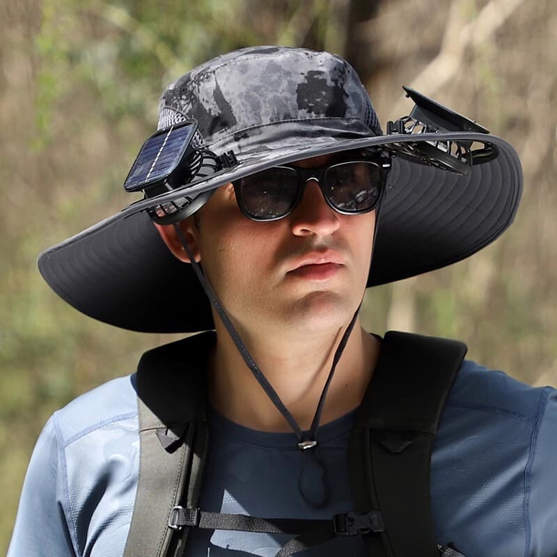 ChubbyCool SolarBreeze - Dual-Fan Fishing Hat with Solar/USB Charging - UPF50+ Sun Protection & Breathable Fabric