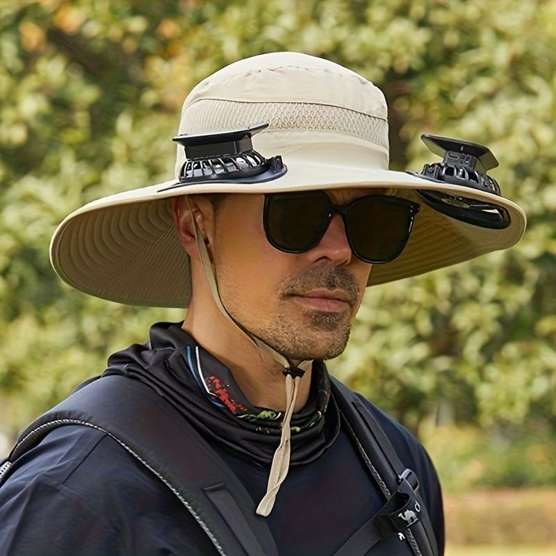 ChubbyCool SolarBreeze - Dual-Fan Fishing Hat with Solar/USB Charging - UPF50+ Sun Protection & Breathable Fabric