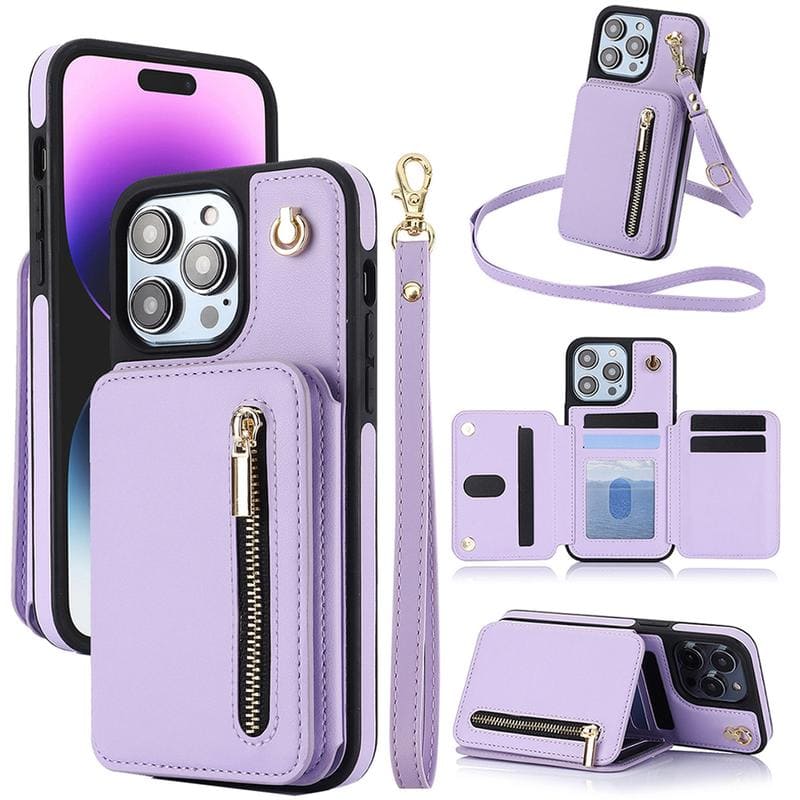 Leather RFID Wallet Case with Card Holder & Strap for iPhone