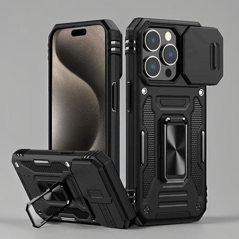 Military-Grade Shockproof Phone Case with Sliding Camera Shield & 360° Ring Stand